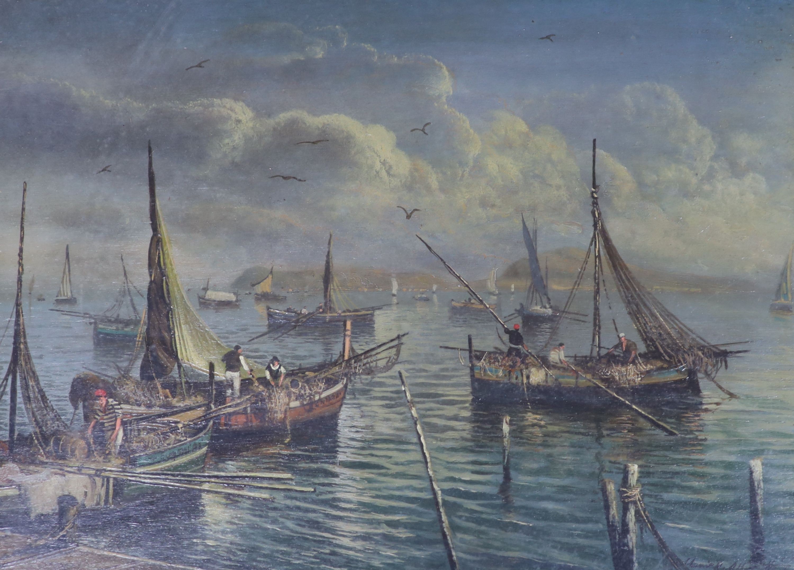 Mario Rosio Allysetti, oil on board, Neapolitan harbour scene, signed, 30 x 40cm.